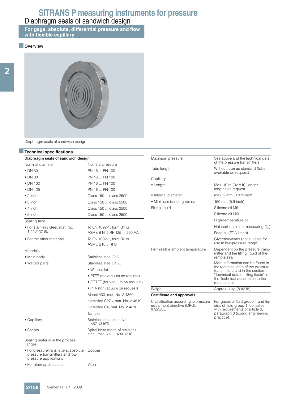 Diaphragm seals of sandwich design, Sitrans p measuring instruments for pressure | Siemens SITRANS P User Manual | Page 158 / 234