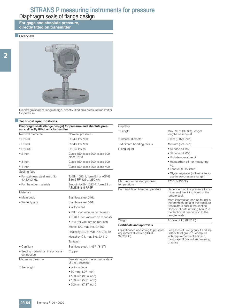 Sitrans p measuring instruments for pressure, Diaphragm seals of flange design | Siemens SITRANS P User Manual | Page 164 / 234