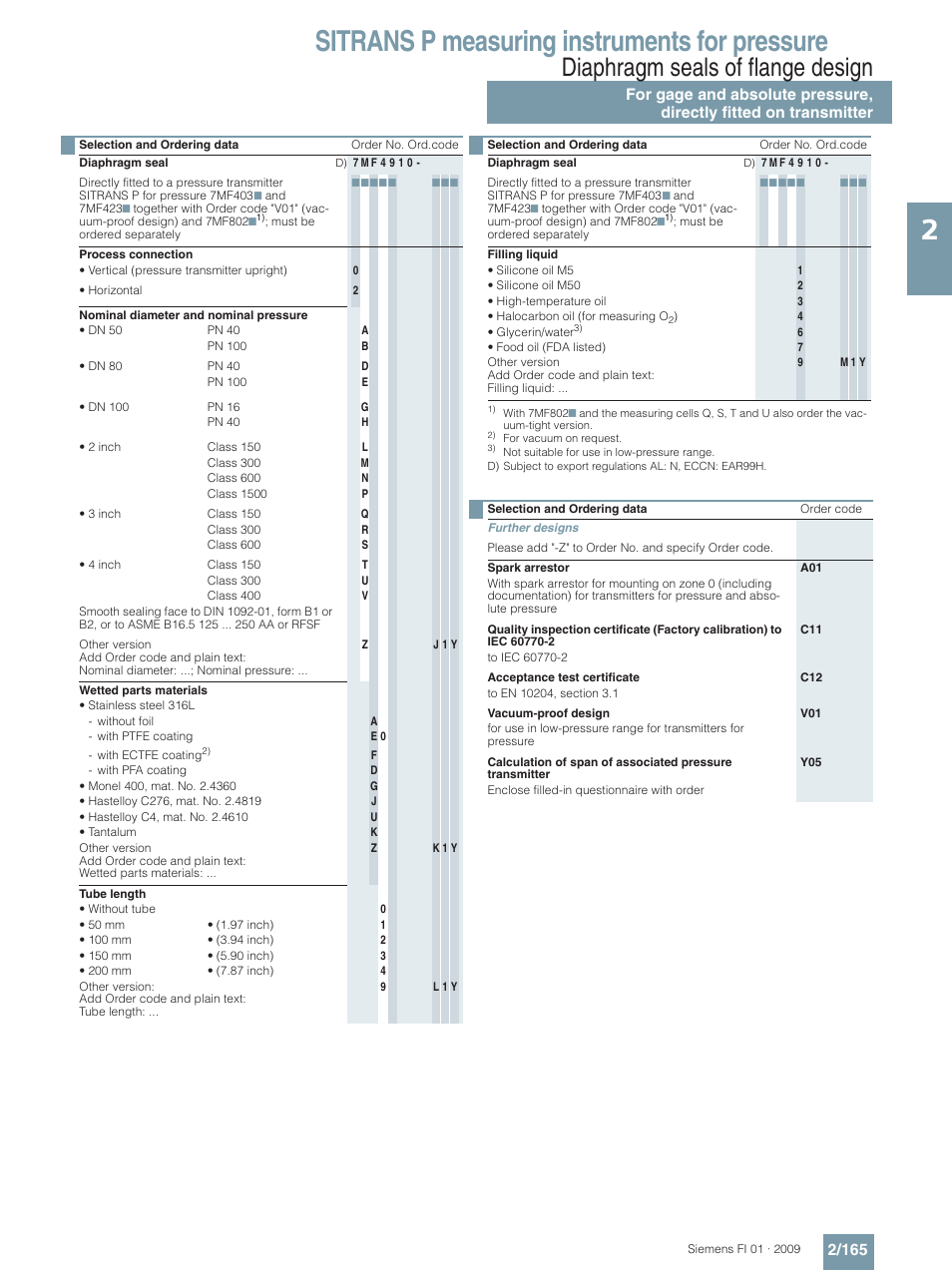 Sitrans p measuring instruments for pressure, Diaphragm seals of flange design | Siemens SITRANS P User Manual | Page 165 / 234