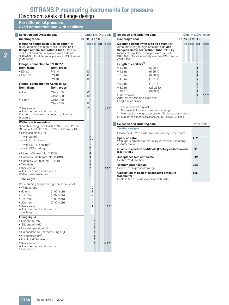 Sitrans p measuring instruments for pressure, Diaphragm seals of flange design | Siemens SITRANS P User Manual | Page 168 / 234