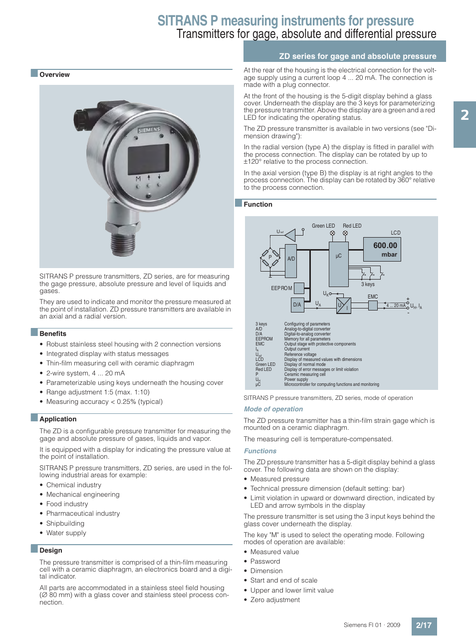 Zd series for gage and absolute pressure, Sitrans p measuring instruments for pressure, Zd series for gage and absolute pressure 2/17 | Siemens SITRANS P User Manual | Page 17 / 234