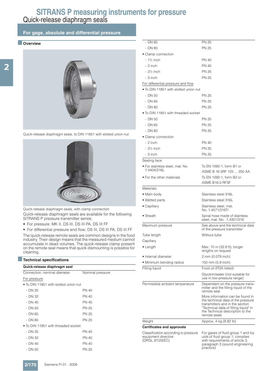 Quick-release diaphragm seals, Sitrans p measuring instruments for pressure, For gage, absolute and differential pressure 2/170 | Siemens SITRANS P User Manual | Page 170 / 234