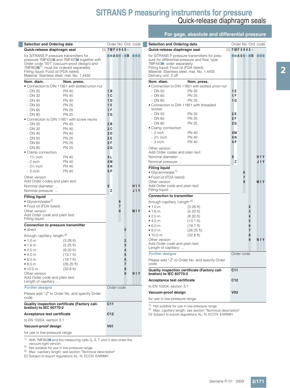 Sitrans p measuring instruments for pressure, Quick-release diaphragm seals, For gage, absolute and differential pressure 2/171 | Siemens SITRANS P User Manual | Page 171 / 234