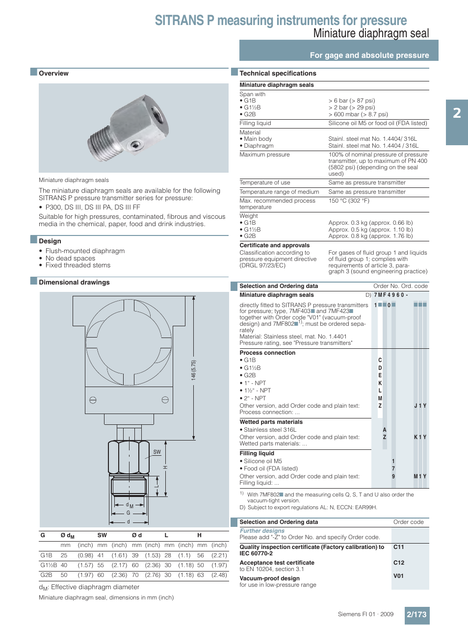 Miniature diaphragm seal, Sitrans p measuring instruments for pressure, For gage and absolute pressure 2/173 | Siemens SITRANS P User Manual | Page 173 / 234