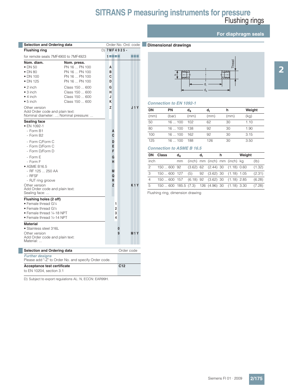 Sitrans p measuring instruments for pressure, Flushing rings, For diaphragm seals 2/175 | Siemens SITRANS P User Manual | Page 175 / 234