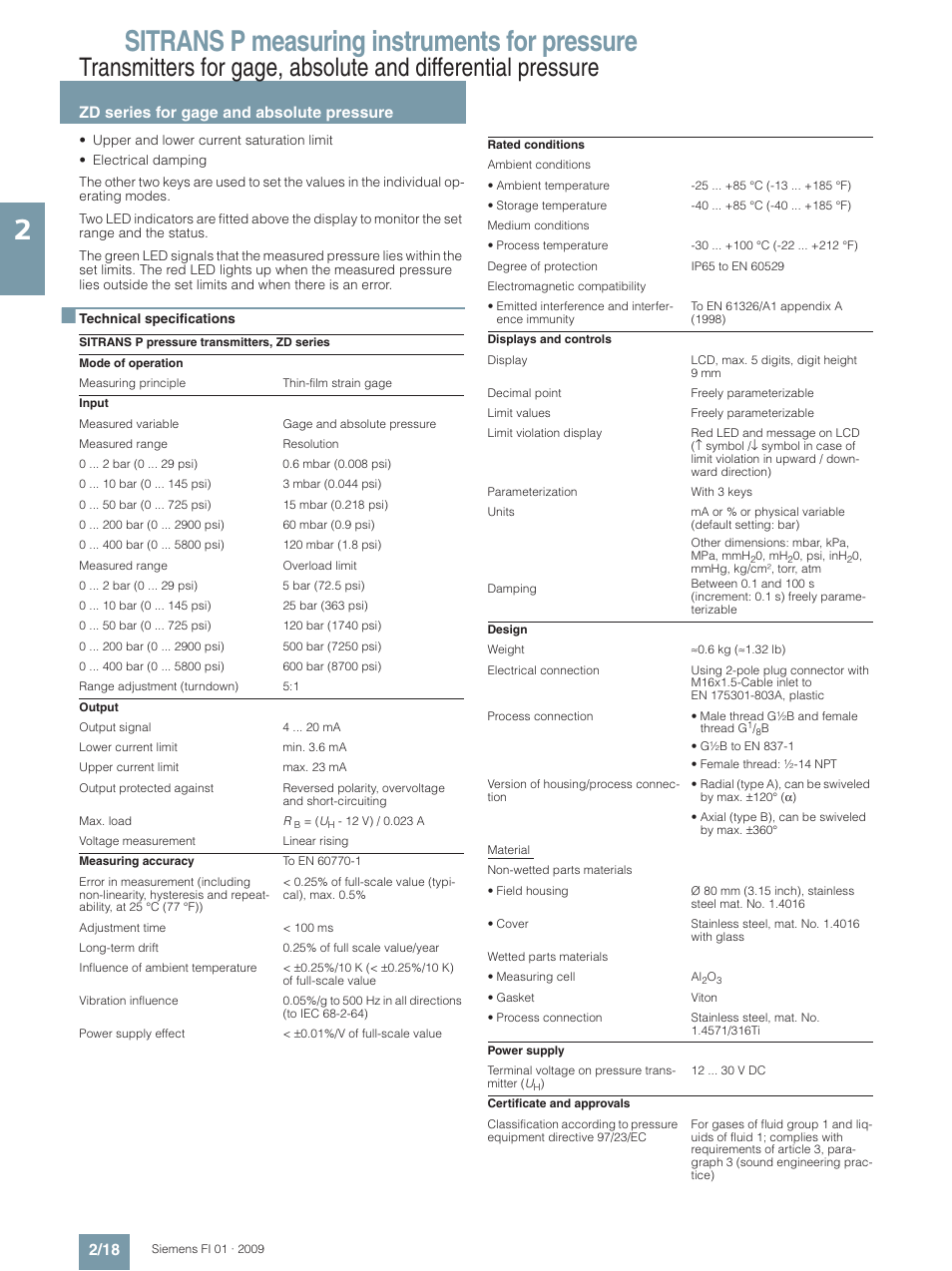 Sitrans p measuring instruments for pressure, Zd series for gage and absolute pressure 2/18 | Siemens SITRANS P User Manual | Page 18 / 234