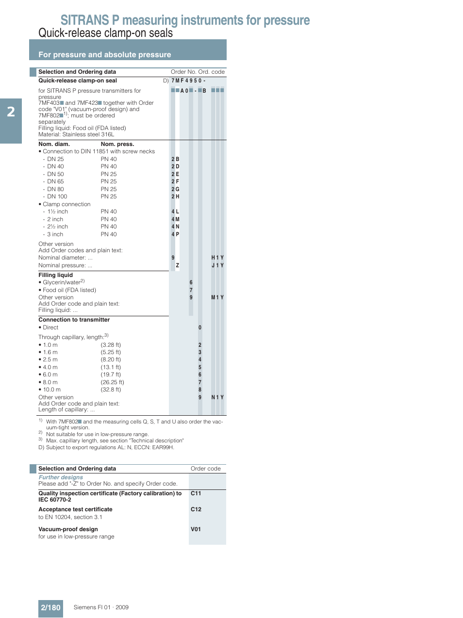 Sitrans p measuring instruments for pressure, Quick-release clamp-on seals, For pressure and absolute pressure 2/180 | Siemens SITRANS P User Manual | Page 180 / 234