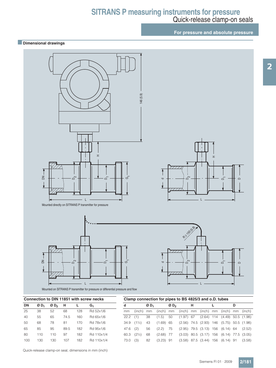 Sitrans p measuring instruments for pressure, Quick-release clamp-on seals, For pressure and absolute pressure 2/181 | Siemens SITRANS P User Manual | Page 181 / 234