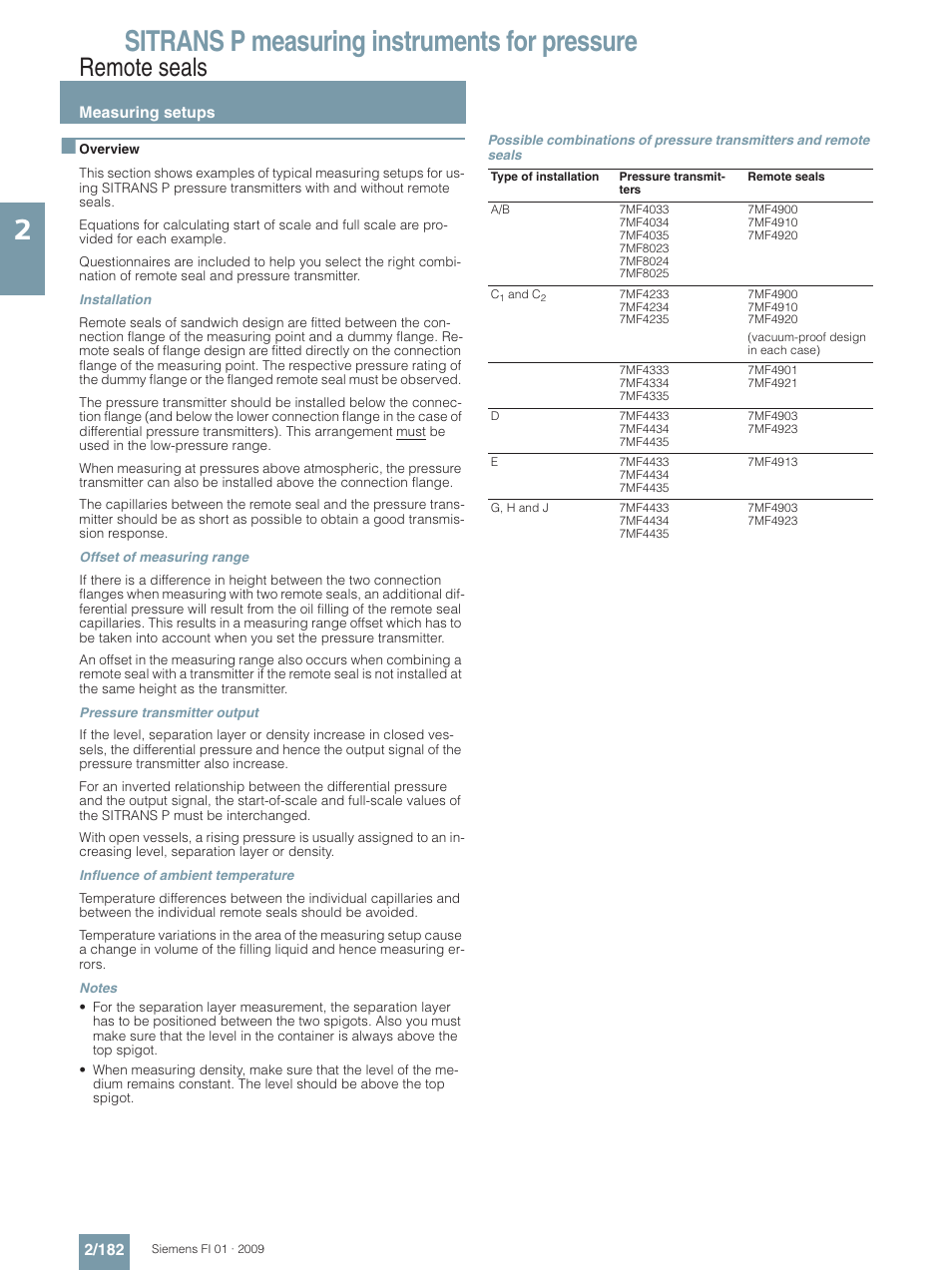 Remote seals - measuring setups, Sitrans p measuring instruments for pressure, Remote seals | Siemens SITRANS P User Manual | Page 182 / 234