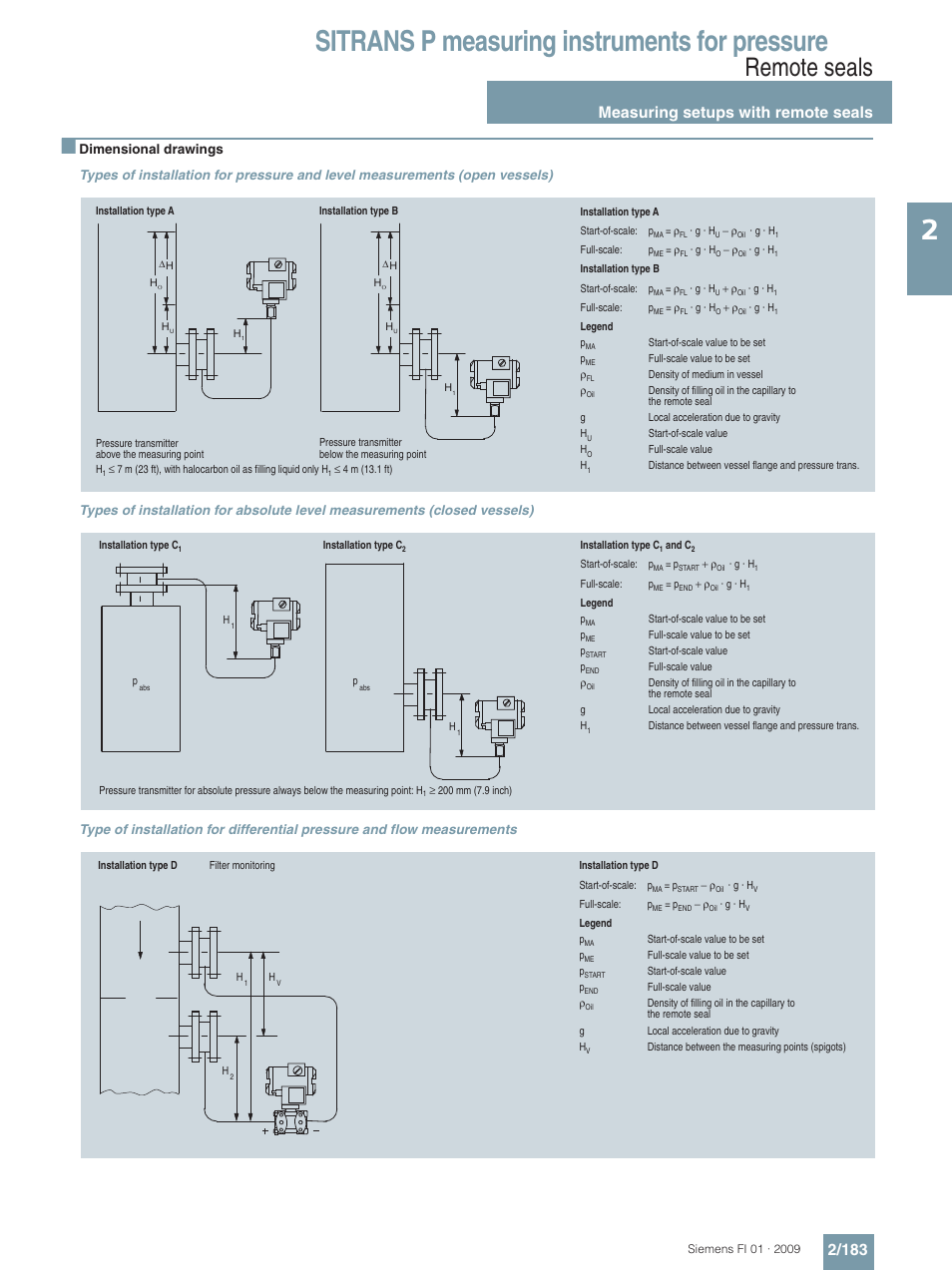 Sitrans p measuring instruments for pressure, Remote seals, Measuring setups with remote seals 2/183 | Siemens SITRANS P User Manual | Page 183 / 234