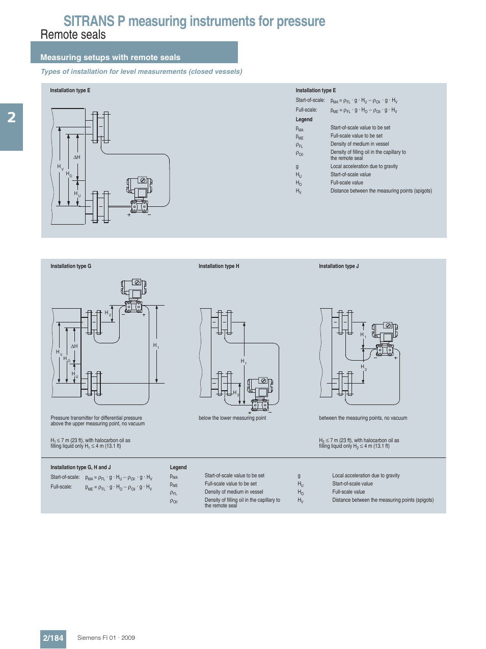 Sitrans p measuring instruments for pressure, Remote seals, Measuring setups with remote seals 2/184 | Siemens SITRANS P User Manual | Page 184 / 234