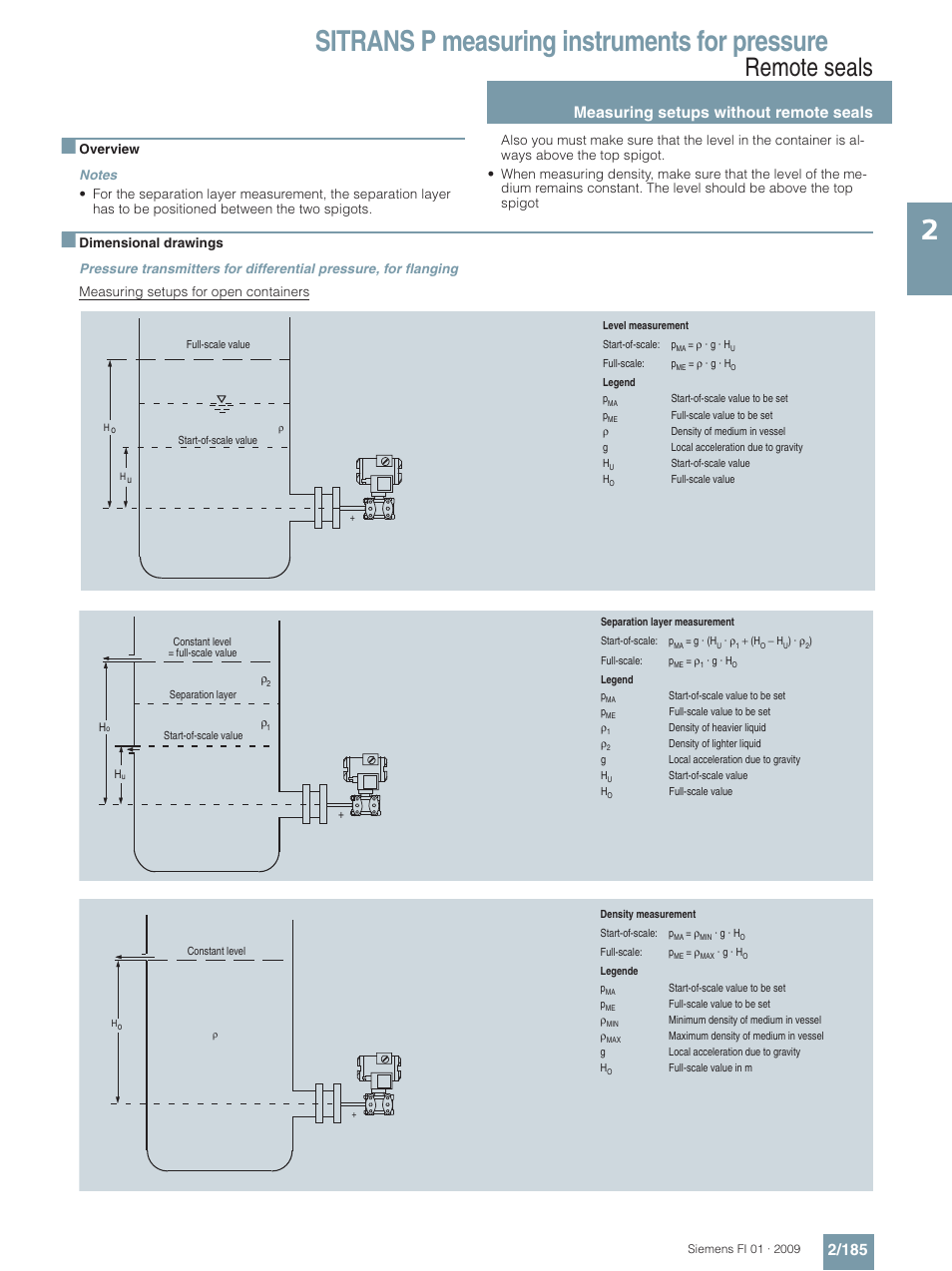 Sitrans p measuring instruments for pressure, Remote seals, Measuring setups without remote seals 2/185 | Siemens SITRANS P User Manual | Page 185 / 234