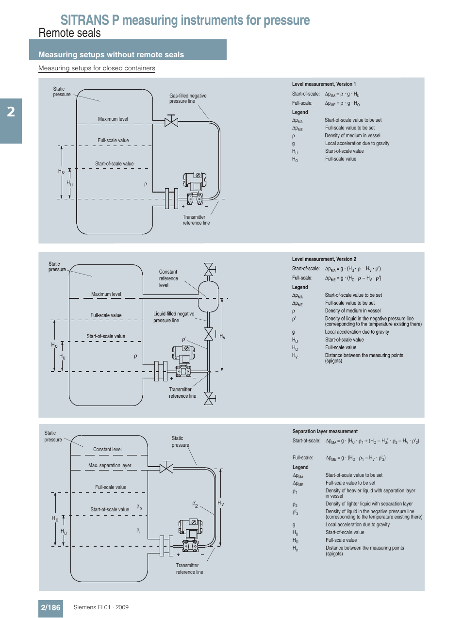 Sitrans p measuring instruments for pressure, Remote seals, Measuring setups without remote seals 2/186 | Siemens SITRANS P User Manual | Page 186 / 234