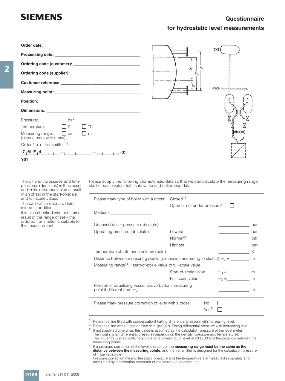 Questionnaire for hydrostatic level measurements | Siemens SITRANS P User Manual | Page 188 / 234