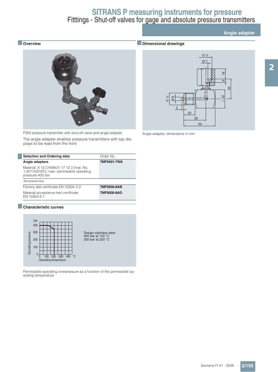 Angle adapter, Sitrans p measuring instruments for pressure | Siemens SITRANS P User Manual | Page 195 / 234