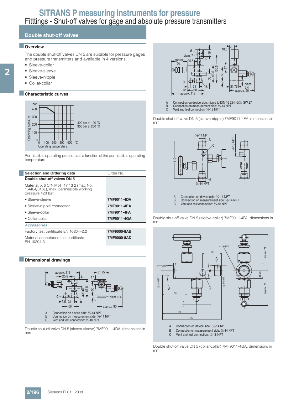 Double shut-off valves, Sitrans p measuring instruments for pressure, Double shut-off valves 2/196 | Siemens SITRANS P User Manual | Page 196 / 234