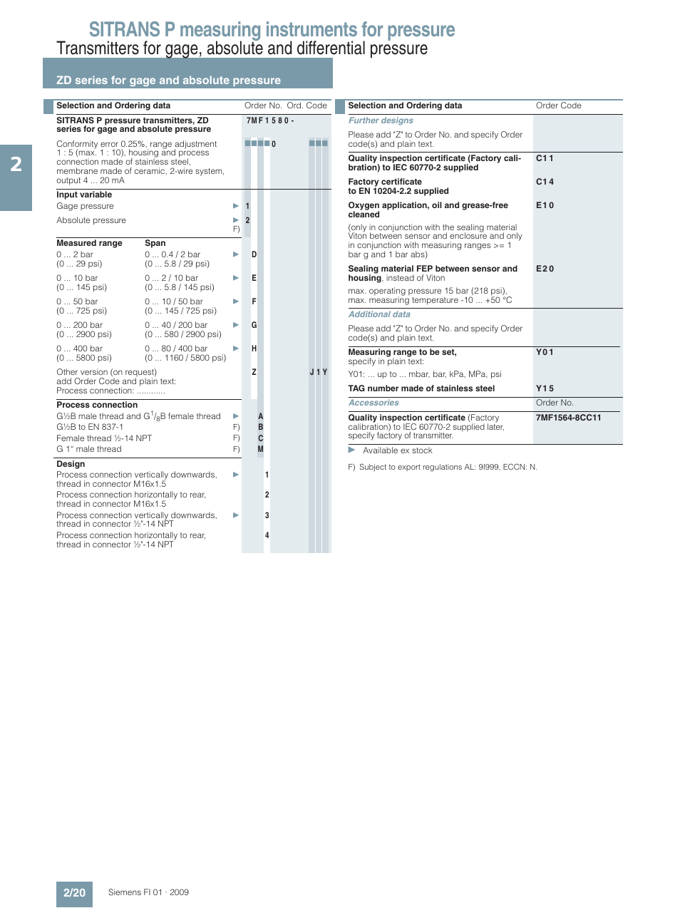 Sitrans p measuring instruments for pressure, Zd series for gage and absolute pressure 2/20 | Siemens SITRANS P User Manual | Page 20 / 234