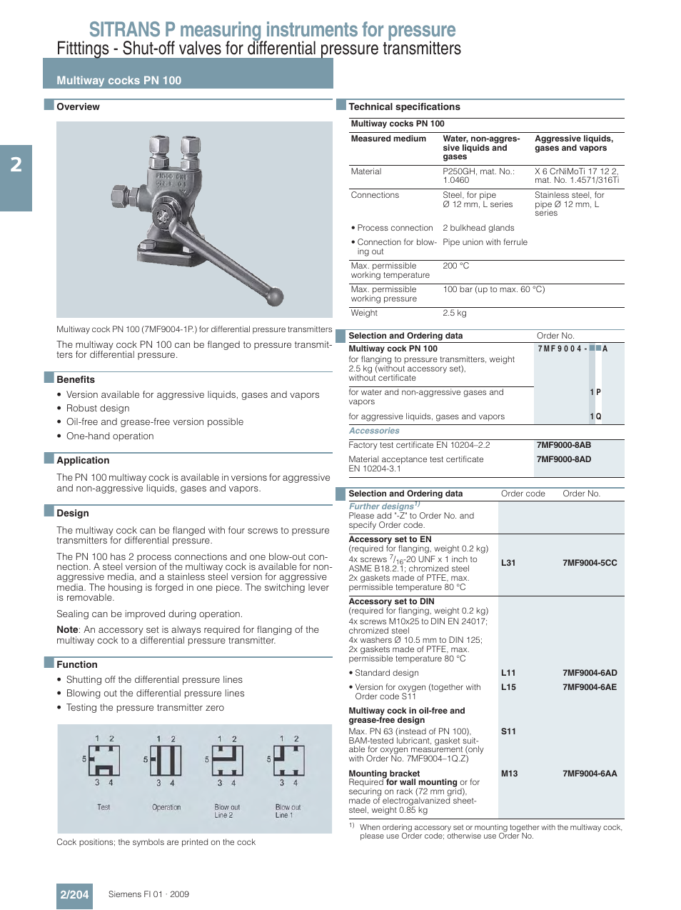 Multiway cocks pn 100, Sitrans p measuring instruments for pressure | Siemens SITRANS P User Manual | Page 204 / 234