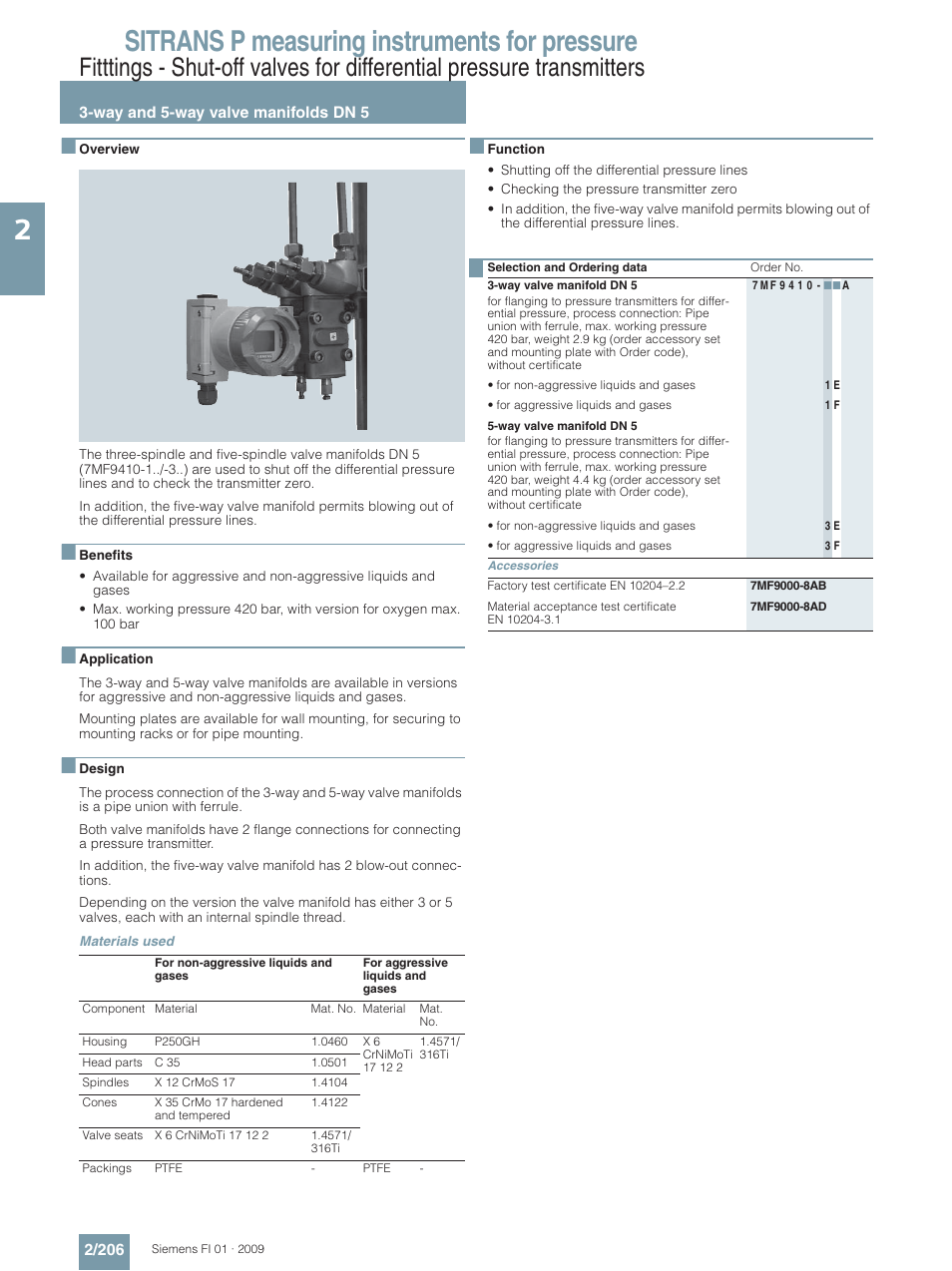 And 5-way valve manifolds dn 5, Sitrans p measuring instruments for pressure | Siemens SITRANS P User Manual | Page 206 / 234