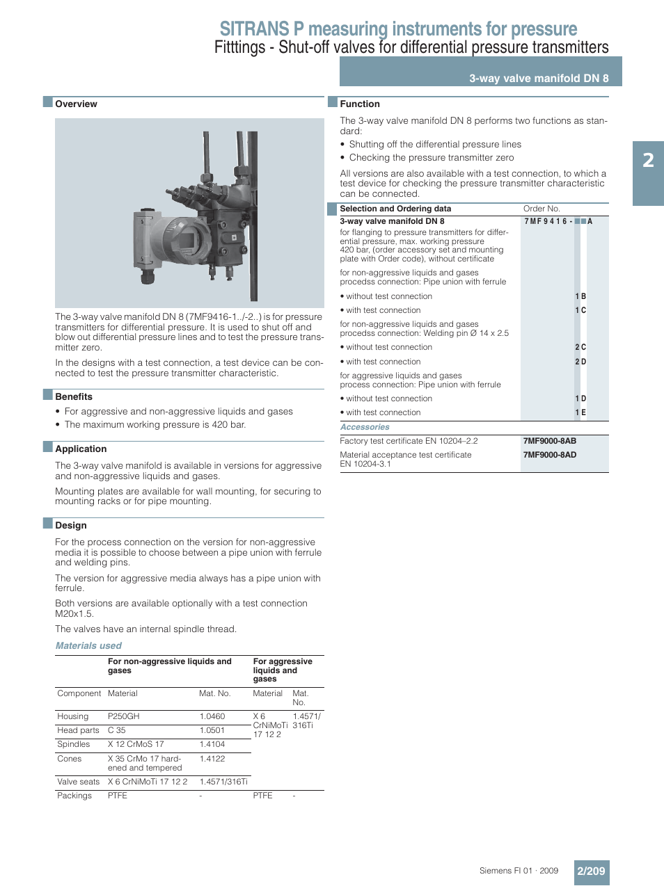 Way valve manifold dn 8, Sitrans p measuring instruments for pressure | Siemens SITRANS P User Manual | Page 209 / 234