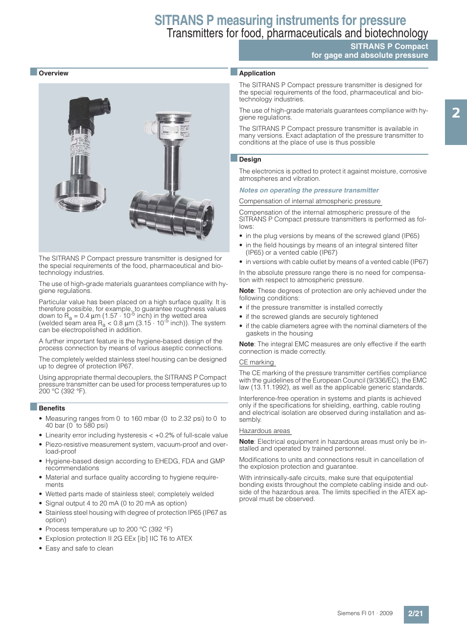 Sitrans p compact for gage and absolute pressure, Sitrans p measuring instruments for pressure | Siemens SITRANS P User Manual | Page 21 / 234