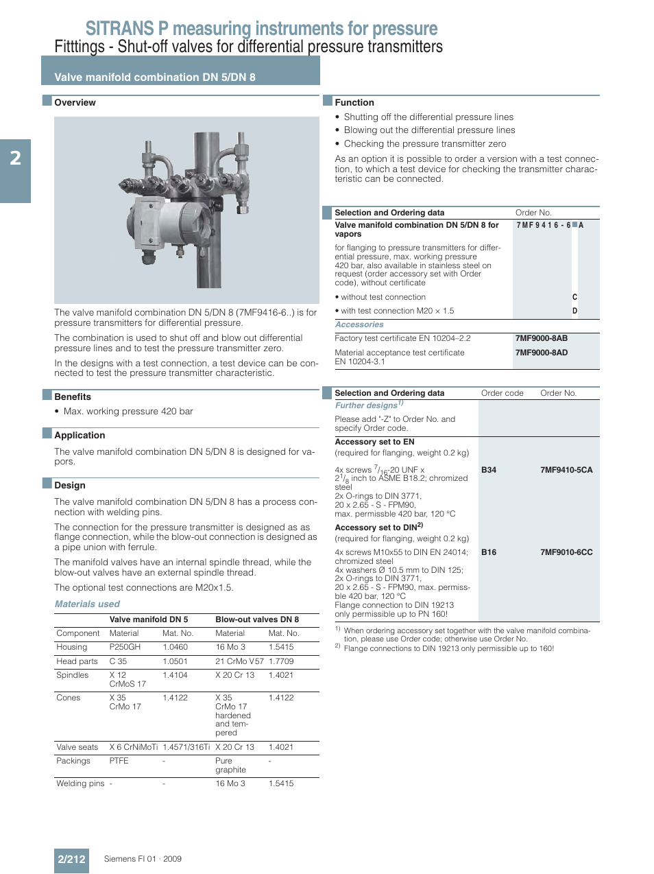 Valve manifold combination dn 5/dn 8, Sitrans p measuring instruments for pressure | Siemens SITRANS P User Manual | Page 212 / 234