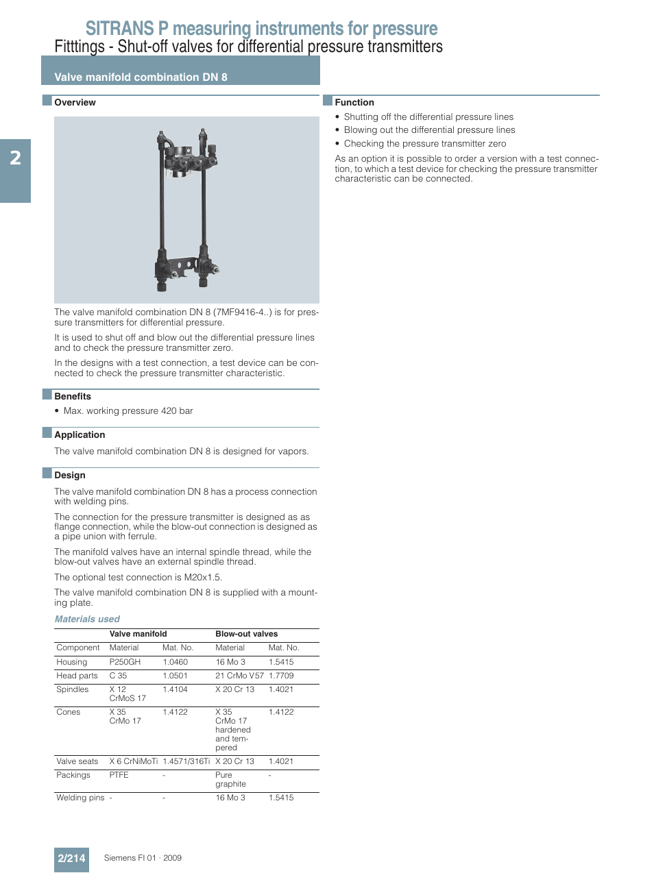 Valve manifold combination dn 8, Sitrans p measuring instruments for pressure | Siemens SITRANS P User Manual | Page 214 / 234