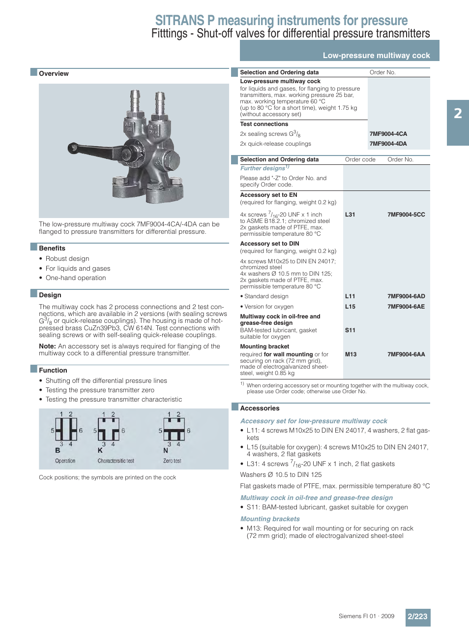 Low-pressure multiway cock, Sitrans p measuring instruments for pressure | Siemens SITRANS P User Manual | Page 223 / 234