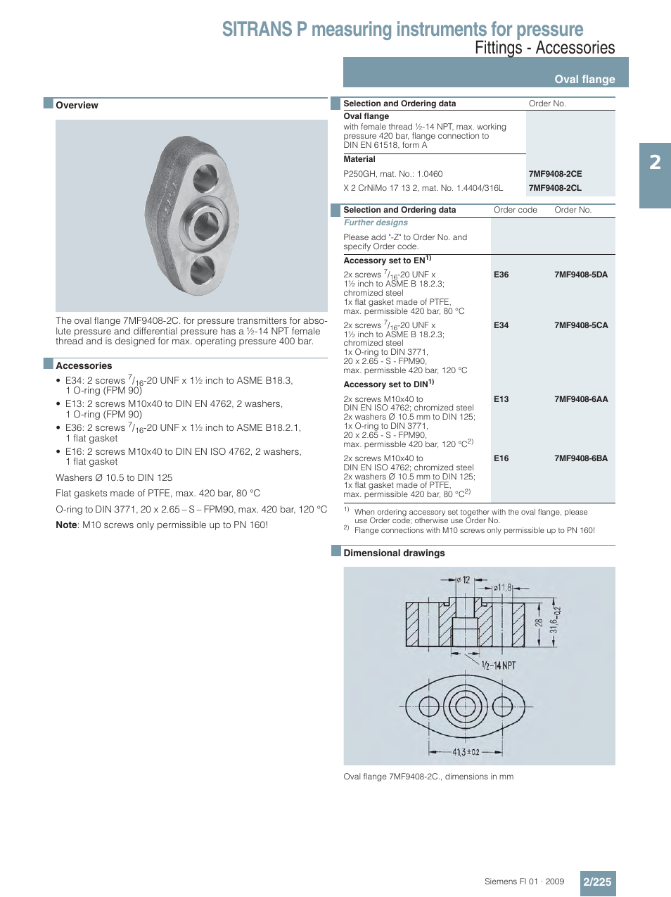 Accessories, Oval flange, Sitrans p measuring instruments for pressure | Fittings - accessories | Siemens SITRANS P User Manual | Page 225 / 234