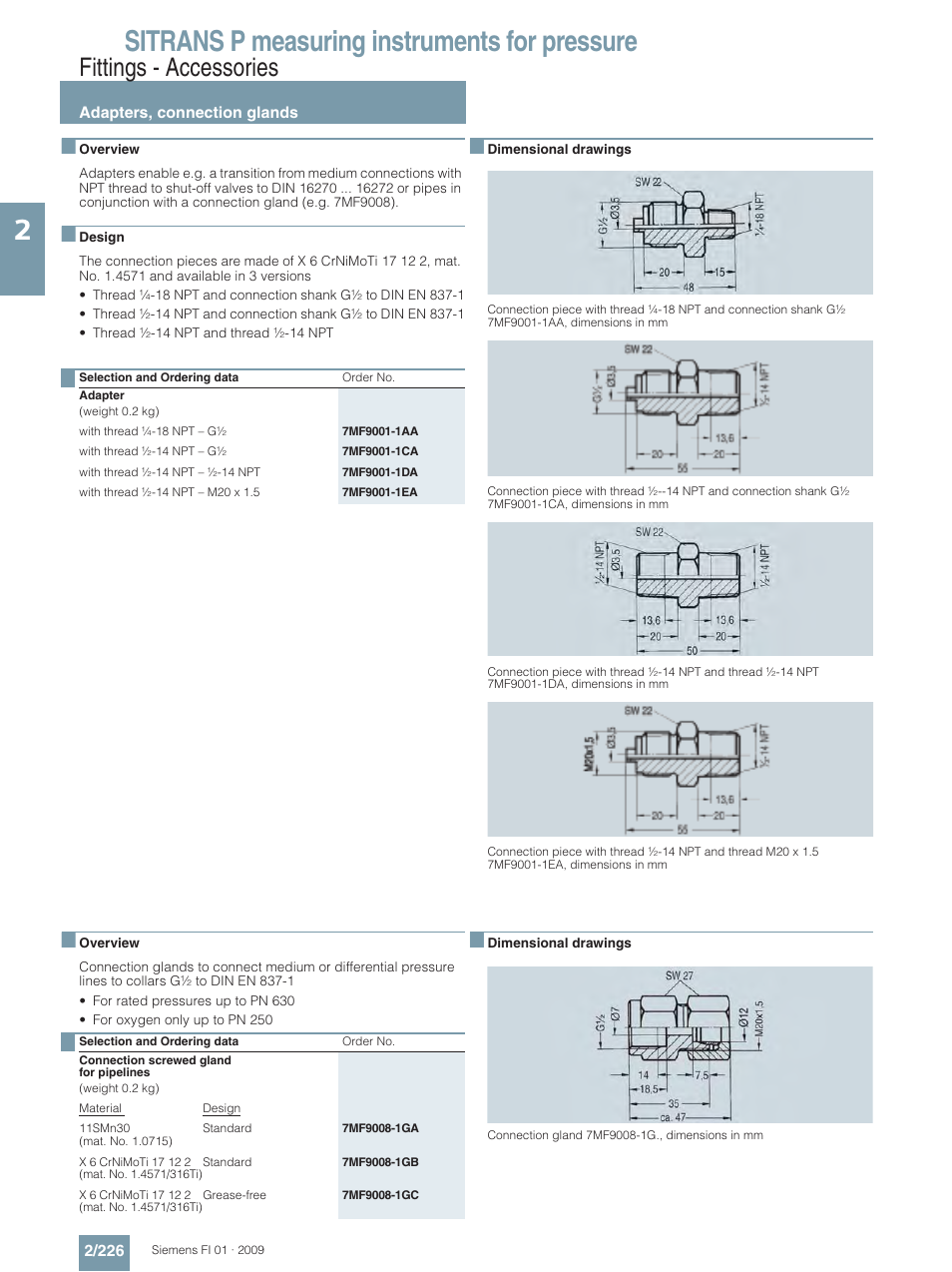 Adapters, connection glands, Sitrans p measuring instruments for pressure, Fittings - accessories | Siemens SITRANS P User Manual | Page 226 / 234