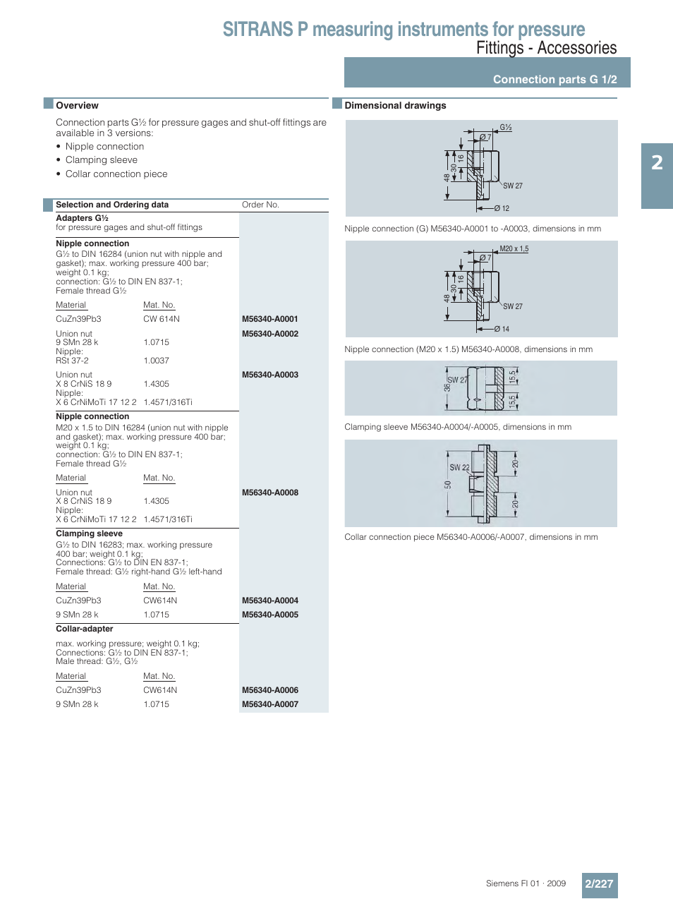 Connection parts g 1/2, Sitrans p measuring instruments for pressure, Fittings - accessories | Siemens SITRANS P User Manual | Page 227 / 234