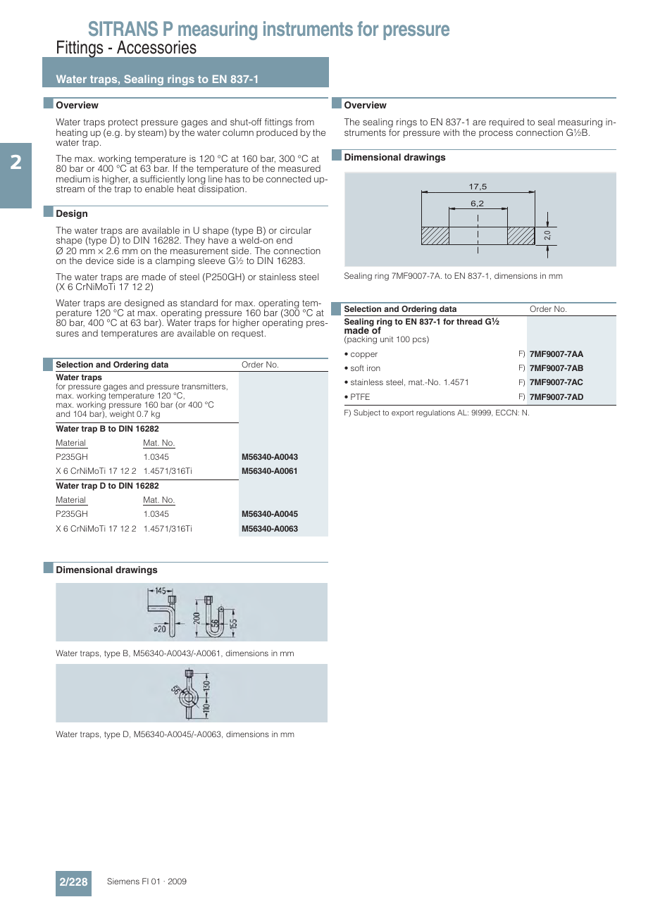 Water traps, sealing rings to en 837-1, Sitrans p measuring instruments for pressure, Fittings - accessories | Siemens SITRANS P User Manual | Page 228 / 234