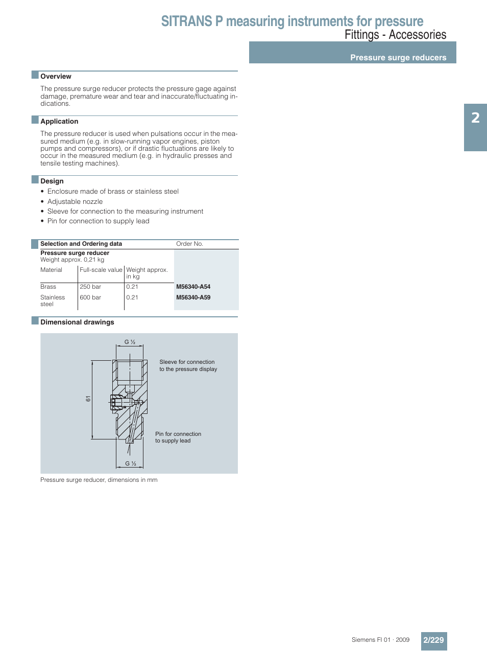 Pressure surge reducers, Sitrans p measuring instruments for pressure, Fittings - accessories | Siemens SITRANS P User Manual | Page 229 / 234