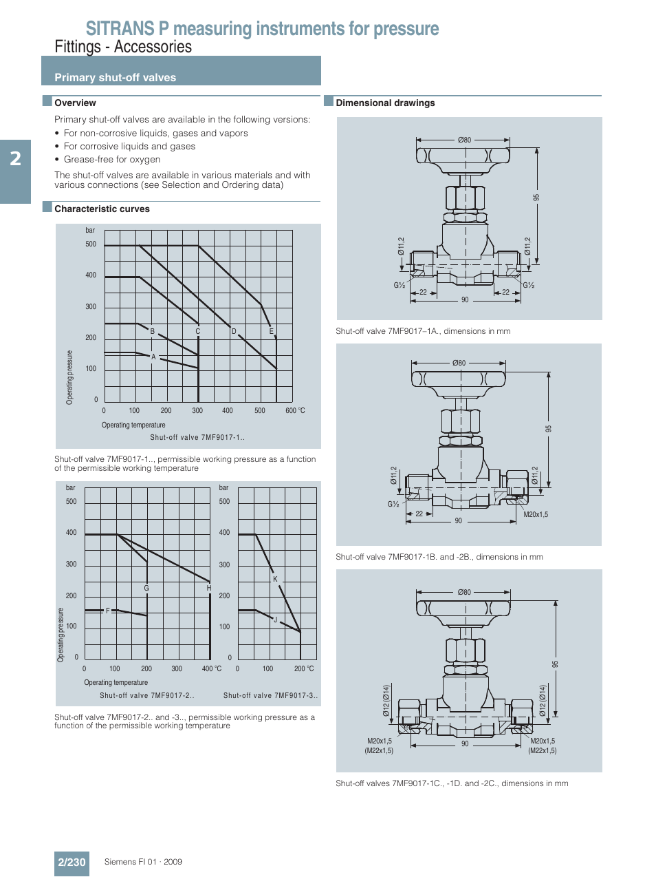 Primary shut-off valves, Sitrans p measuring instruments for pressure, Fittings - accessories | Primary shut-off valves 2/230 | Siemens SITRANS P User Manual | Page 230 / 234