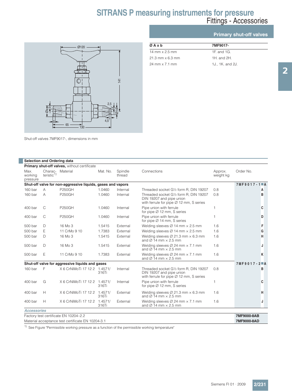 Sitrans p measuring instruments for pressure, Fittings - accessories, Primary shut-off valves 2/231 | Siemens SITRANS P User Manual | Page 231 / 234