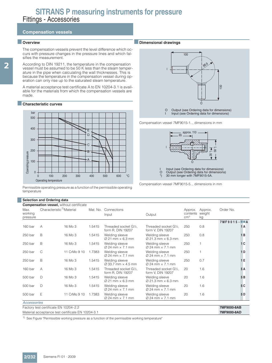 Compensation vessels, Sitrans p measuring instruments for pressure, Fittings - accessories | Compensation vessels 2/232 | Siemens SITRANS P User Manual | Page 232 / 234