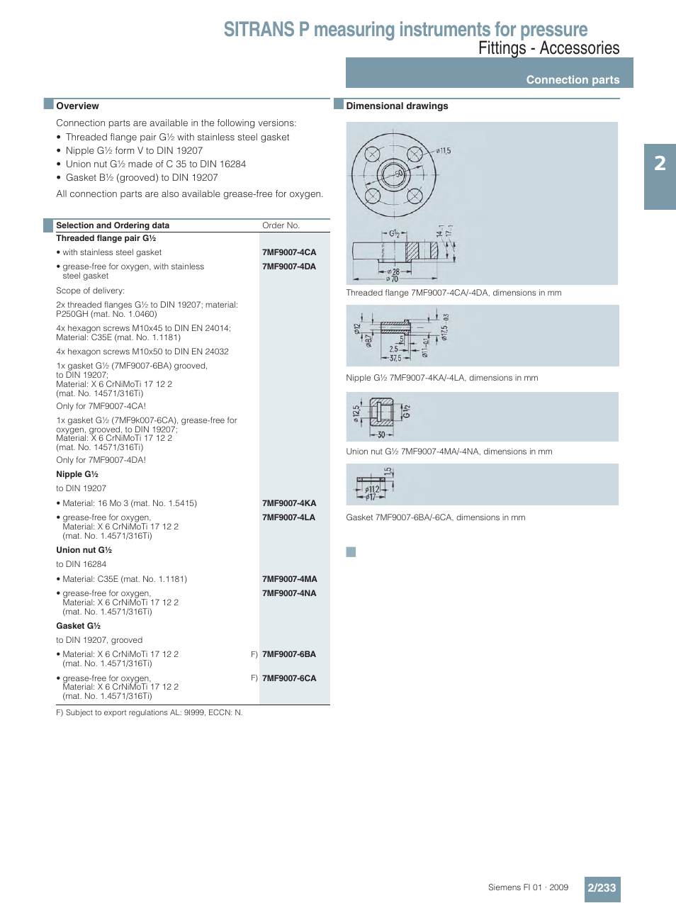 Connection parts, Sitrans p measuring instruments for pressure, Fittings - accessories | Siemens SITRANS P User Manual | Page 233 / 234