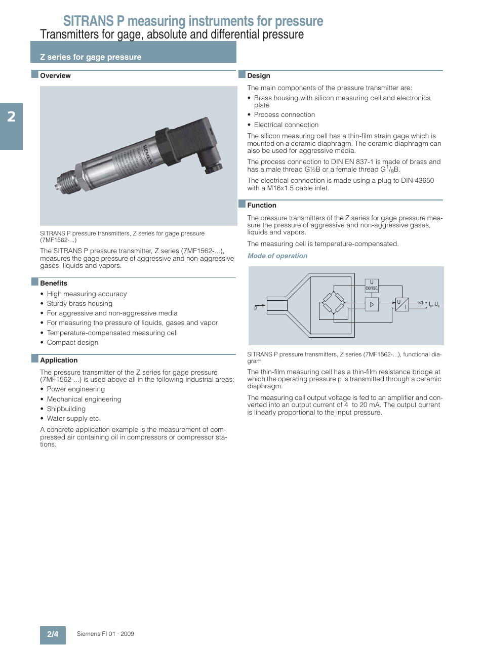 Z series for gage pressure, Sitrans p measuring instruments for pressure | Siemens SITRANS P User Manual | Page 4 / 234