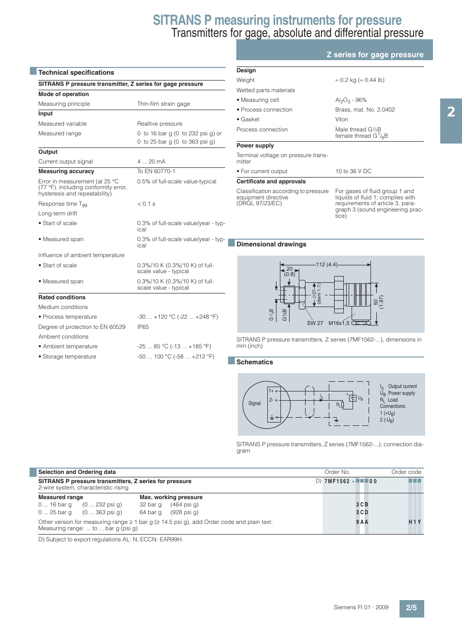 Sitrans p measuring instruments for pressure, Z series for gage pressure 2/5 | Siemens SITRANS P User Manual | Page 5 / 234