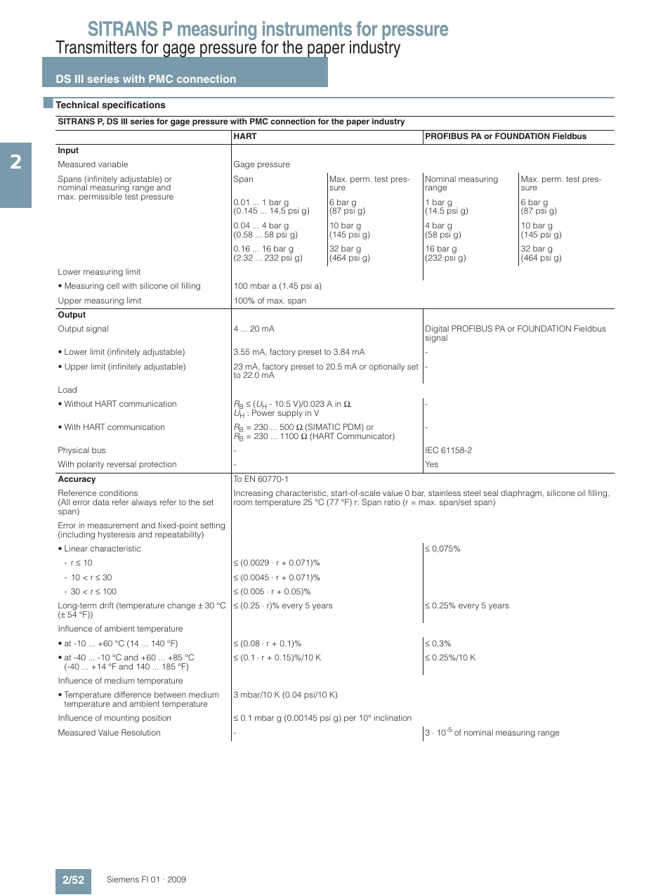 Ds iii series with pmc connection, Sitrans p measuring instruments for pressure, Ds iii series with pmc connection 2/52 | Siemens SITRANS P User Manual | Page 52 / 234