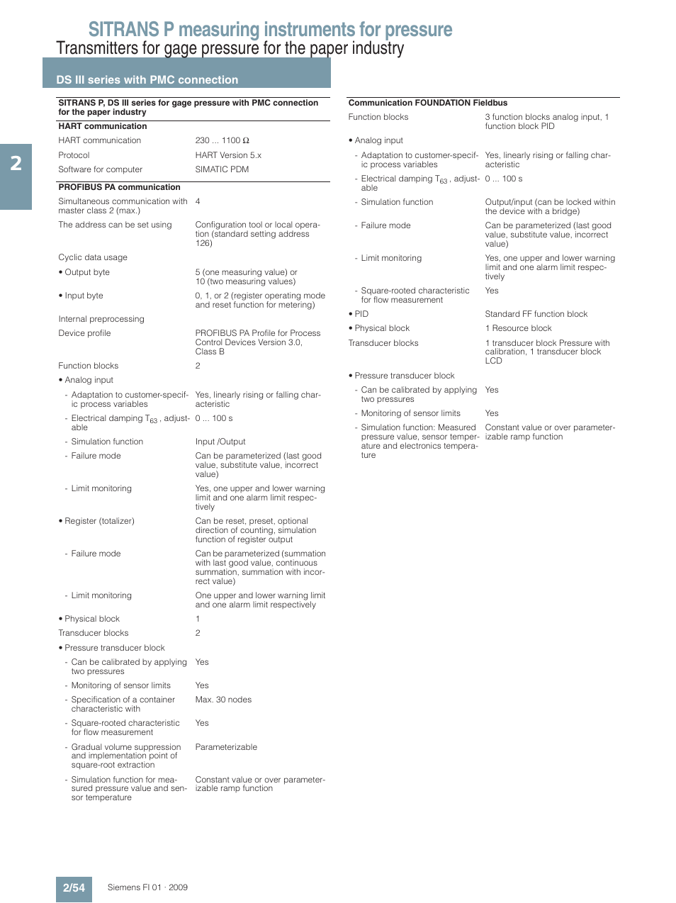 Sitrans p measuring instruments for pressure, Ds iii series with pmc connection 2/54 | Siemens SITRANS P User Manual | Page 54 / 234