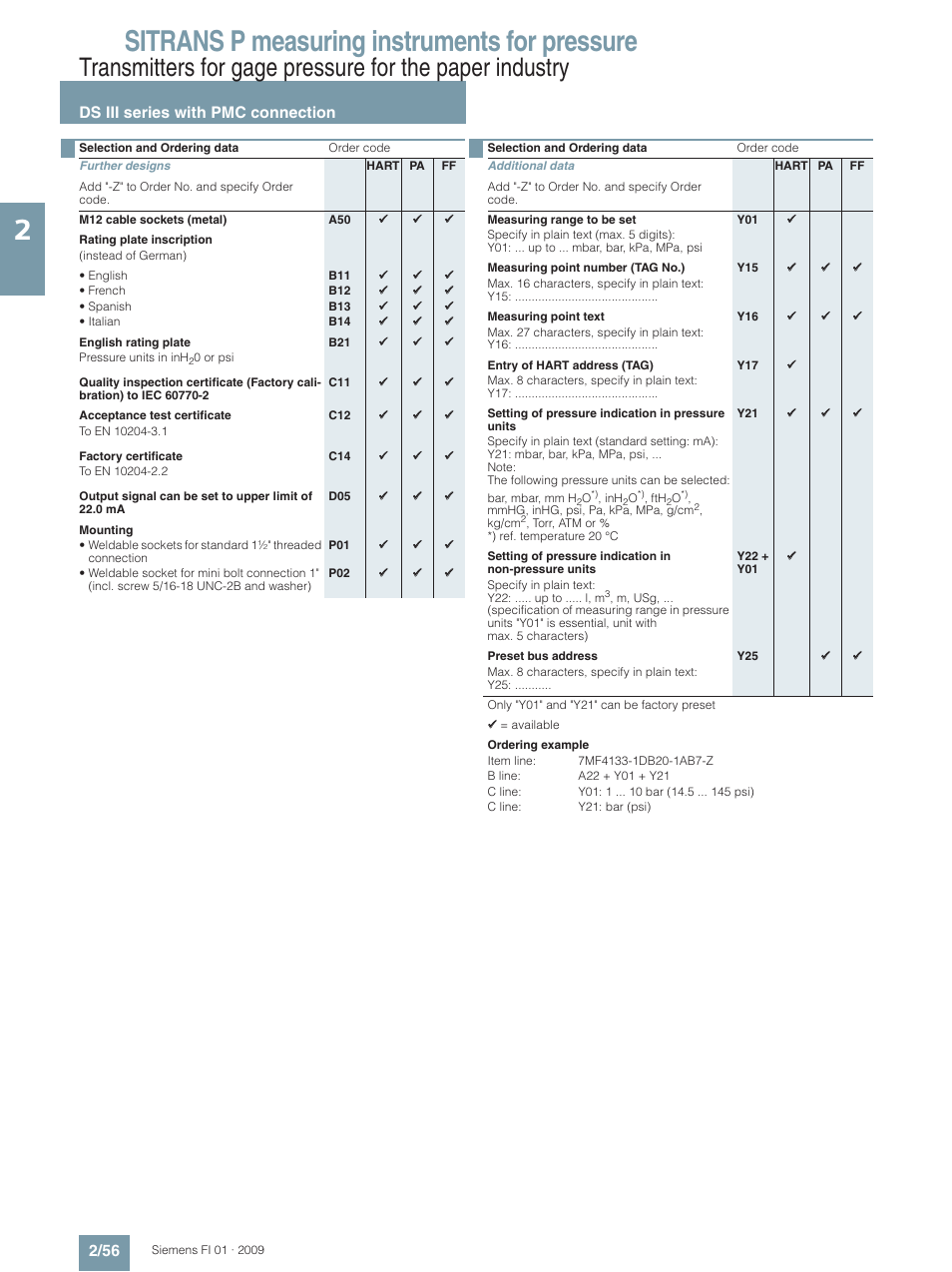 Sitrans p measuring instruments for pressure, Ds iii series with pmc connection 2/56 | Siemens SITRANS P User Manual | Page 56 / 234