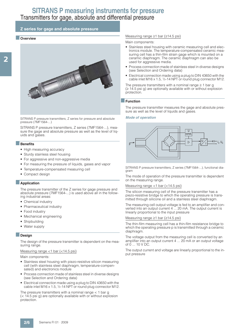 Z series for gage and absolute pressure, Sitrans p measuring instruments for pressure | Siemens SITRANS P User Manual | Page 6 / 234