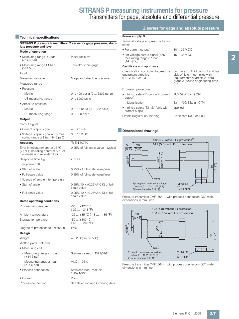 Sitrans p measuring instruments for pressure, Z series for gage and absolute pressure 2/7 | Siemens SITRANS P User Manual | Page 7 / 234