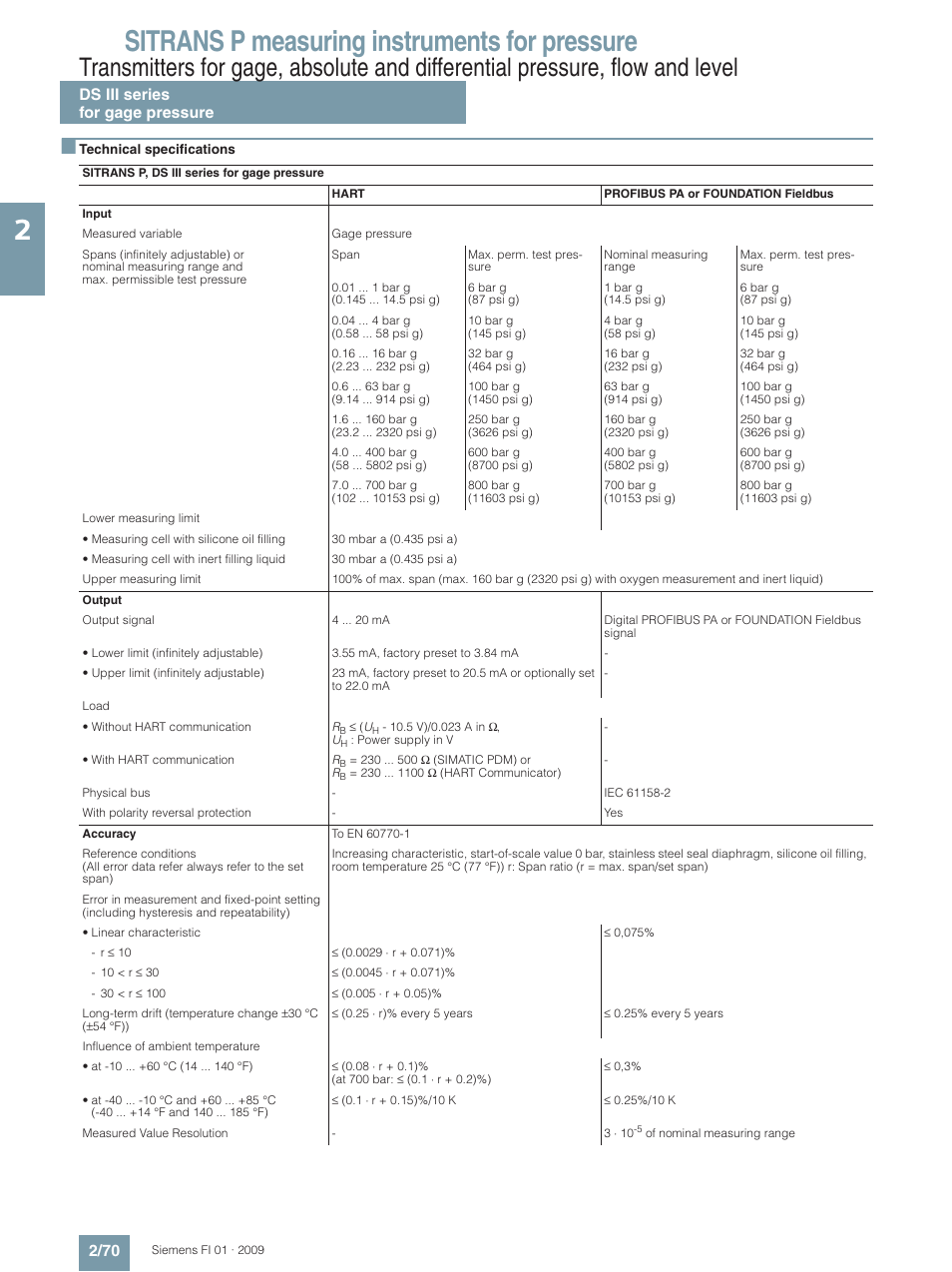 For gage pressure, Sitrans p measuring instruments for pressure, Ds iii series for gage pressure 2/70 | Siemens SITRANS P User Manual | Page 70 / 234