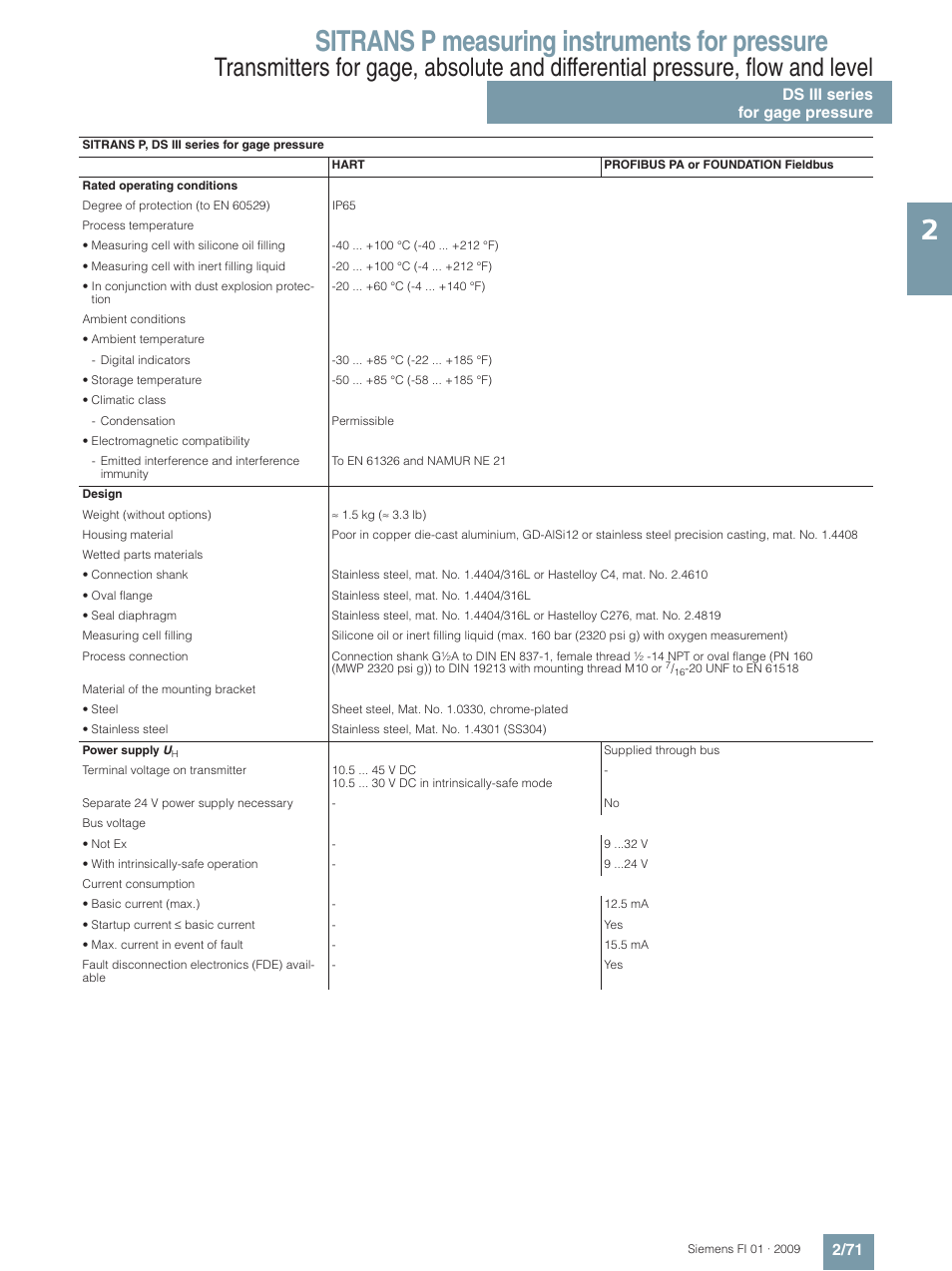 Sitrans p measuring instruments for pressure, Ds iii series for gage pressure 2/71 | Siemens SITRANS P User Manual | Page 71 / 234