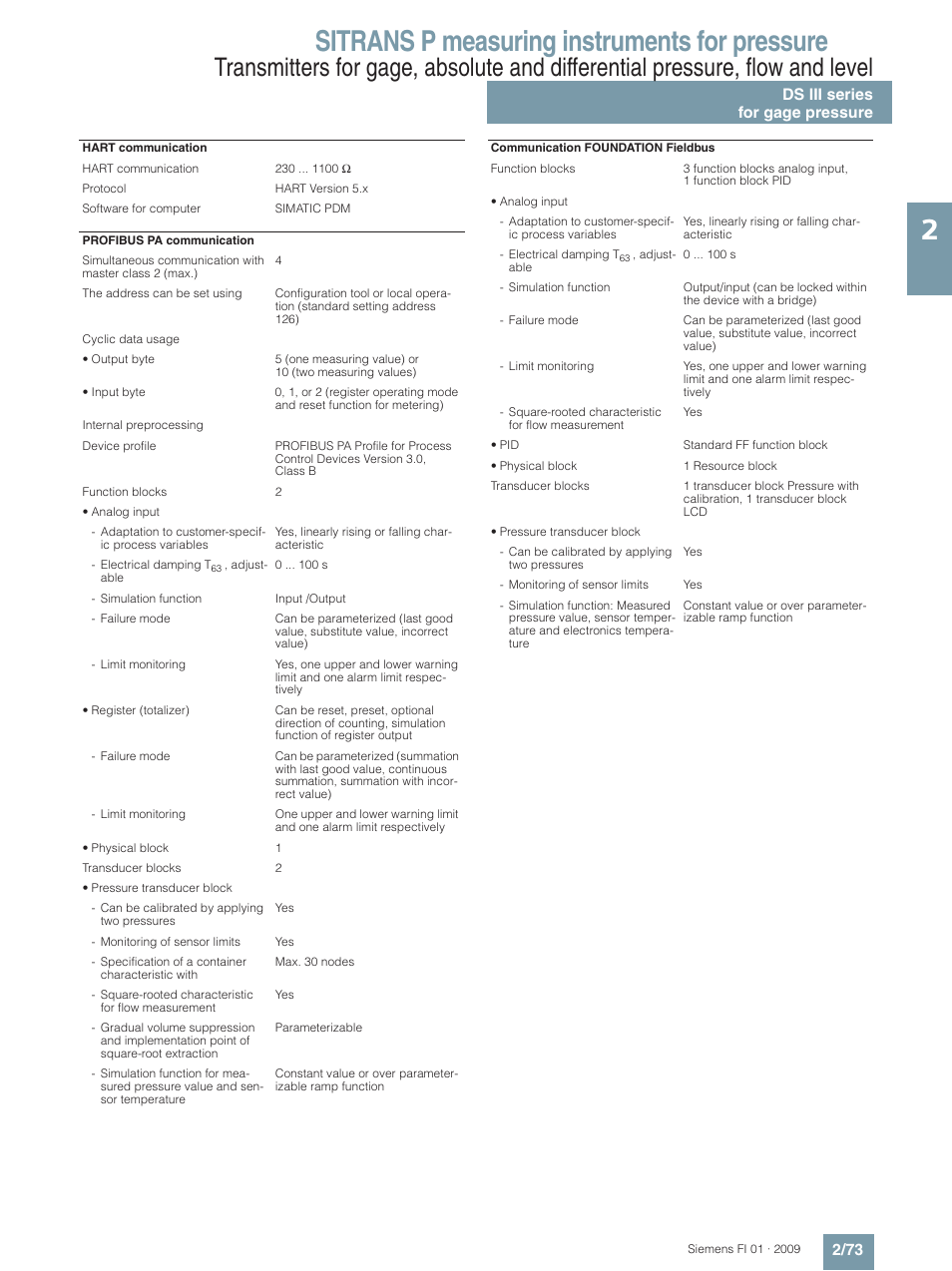 Sitrans p measuring instruments for pressure, Ds iii series for gage pressure 2/73 | Siemens SITRANS P User Manual | Page 73 / 234