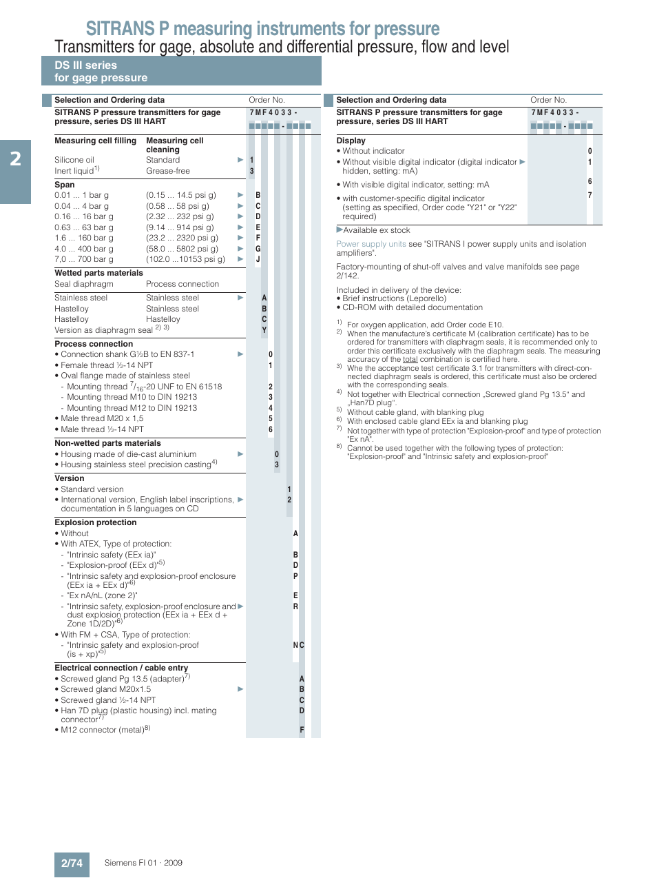 Sitrans p measuring instruments for pressure, Ds iii series for gage pressure 2/74 | Siemens SITRANS P User Manual | Page 74 / 234