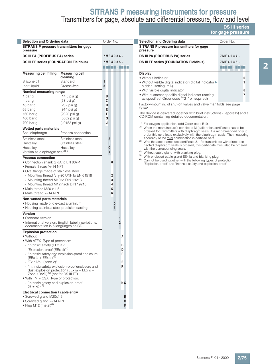 Sitrans p measuring instruments for pressure, Ds iii series for gage pressure 2/75 | Siemens SITRANS P User Manual | Page 75 / 234