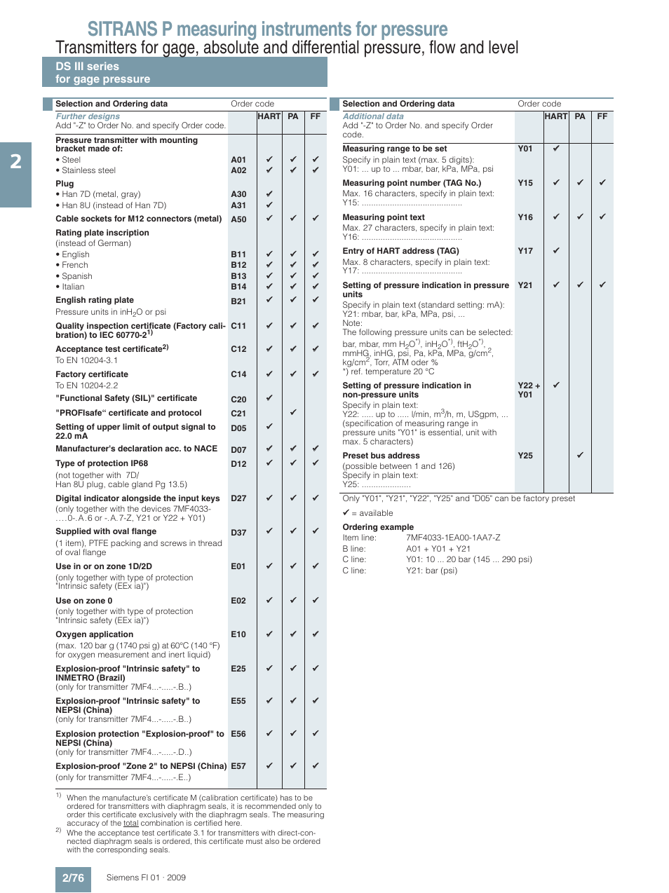 Sitrans p measuring instruments for pressure, Ds iii series for gage pressure 2/76 | Siemens SITRANS P User Manual | Page 76 / 234